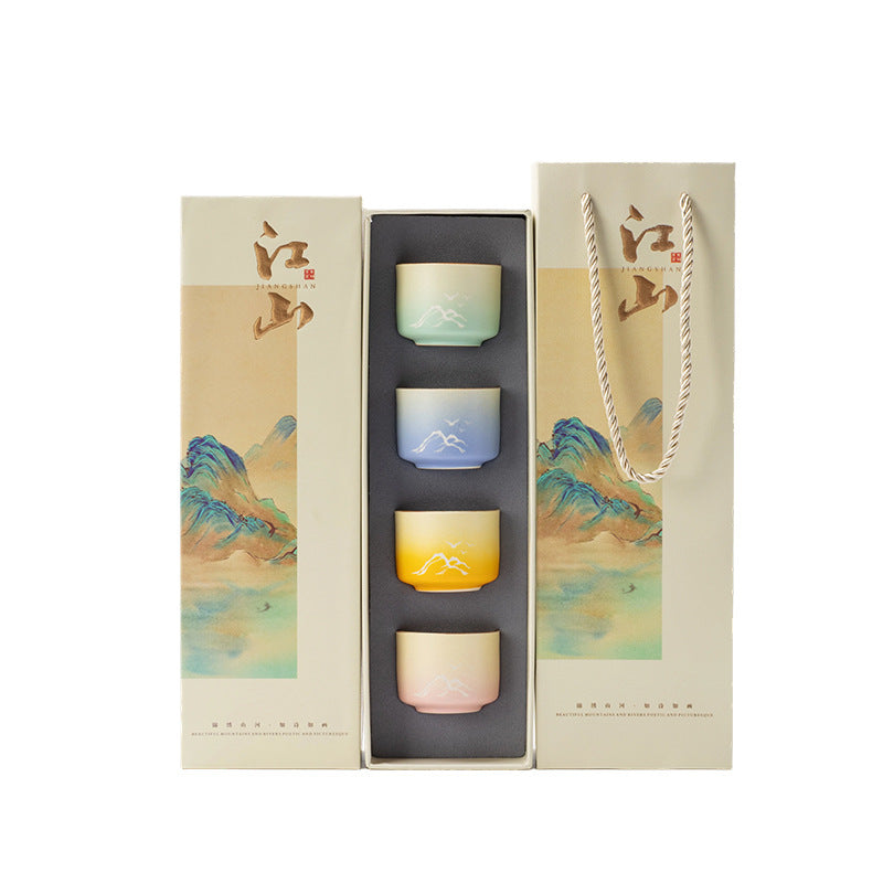 Creative gold painting gradient thousand miles of rivers and mountains tea cup four cups master cup river mountains and rivers gift box gift custom logo