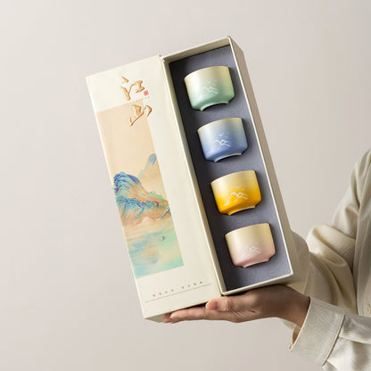 Creative gold painting gradient thousand miles of rivers and mountains tea cup four cups master cup river mountains and rivers gift box gift custom logo